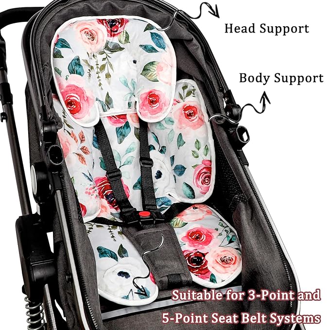 2 in 1 Infant Car Seat Insert, Car Seat Head Support Baby Girls Boys, Soft Newborn Carseat Insert Cushion, Perfect for Carseats, Strollers, Swings (Rose Flower)-CubbioJoy