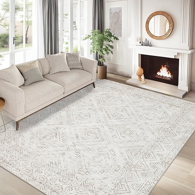 COZYLOOM 10x13 Area Rug Living Room Washable Rugs Stain Resistant for Bedroom Soft Floor Carpet Non Slip Distressed Geometric Carpet for Dining Room Laundry Room Office, Ivory-CubbioJoy