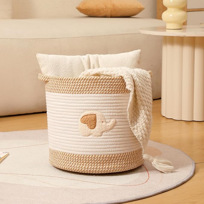INough Toy Storage Baskets Woven Cotton Rope Storage Basket for Kids, Blanket Baskets for Living Room Toy Basket Box Toys Organizer with Embroidery Decor Cute Baskets for Nursery, Playroom (Elephant)-CubbioJoy