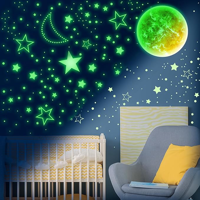 965 PCS Glow in The Dark Stars and Sun for Ceiling, Luminous Stars and Planet Wall Decals, Kids Room Decor, Glowing Galaxy Wall Stickers for Nursery Decorations (Green)-CubbioJoy