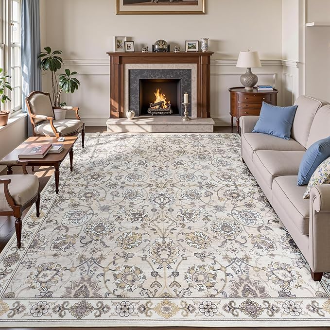 9x12 Neutral Area Rug for Living Room, Washable Large Rugs, Vintage Floral Soft Carpet, Non Slip & Low Pile, Wool Carpets for Indoor Bedroom Dining Home Playroom Office Under Table, Beige-CubbioJoy
