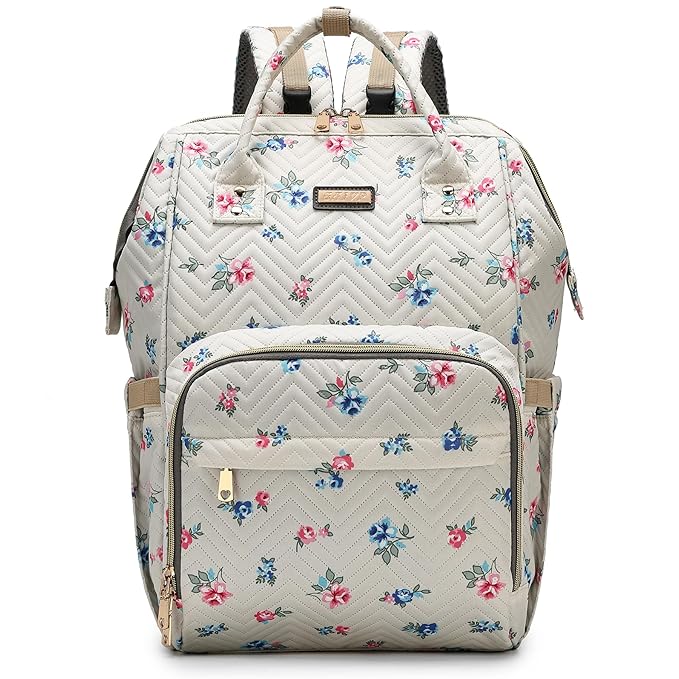 Diaper Bag Backpack, Diaper Bags for Baby Girls Boys, Baby Bags for Moms Dads, Nappy Changing Bag with Insulated Pockets,Multi-functional Waterproof Backpack with Stroller straps-Beige Flowers-CubbioJoy