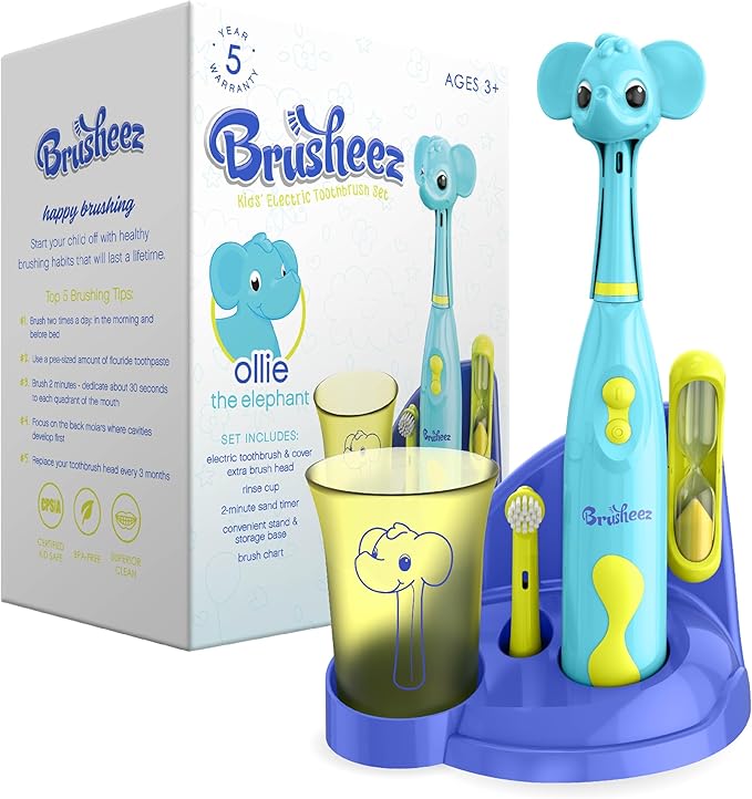 Brusheez Kids’ Electric Toothbrush Set - Safe & Effective for Ages 3+ - Parent Tested & Approved with Gentle Bristles, 2 Brush Heads, Rinse Cup, 2-Minute Timer, & Storage Base (Ollie The Elephant)-CubbioJoy