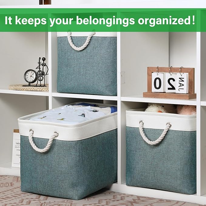 Bidtakay Large Storage Baskets for Shelves 3 Pack Fabric Storage Bins for Organizing Linen Collapsible Organizer for Closet-Deep Green-CubbioJoy