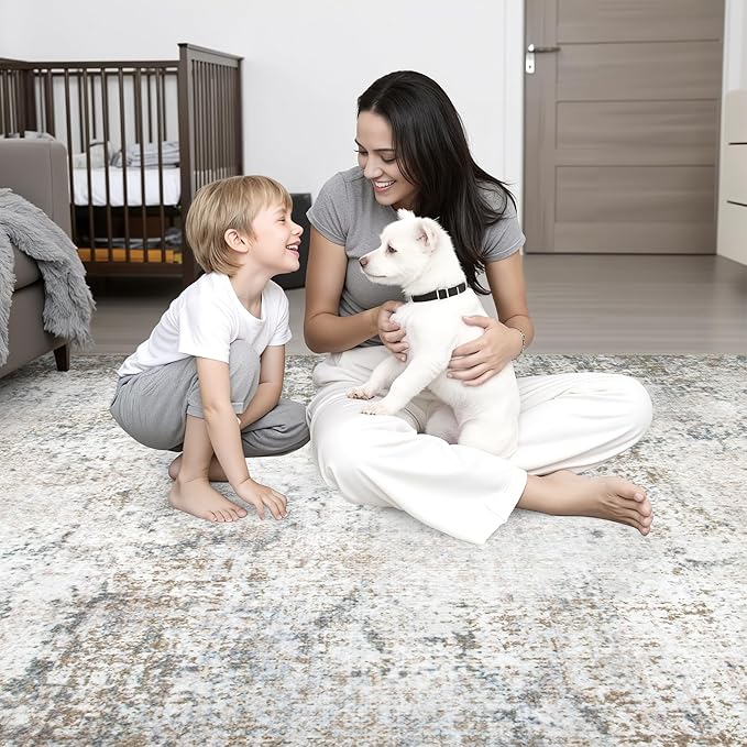 9x12 Area Rug Living Room Rug: Washable Modern Abstract Soft Thin Rug Indoor Floor No Slip Stain Resistant Carpet for Bedroom Dining Room Farmhouse Nursery Home Office - Brown Grey-CubbioJoy