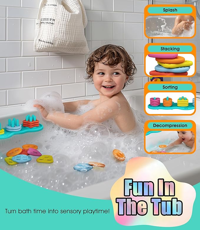 Baby Bath Toys Mold-Free Silicone Bath Toys, Sensory Shape Sorting & Stacking Set Includes 20 Floating Pieces, Early Learning Bathtub Toys for Toddlers-CubbioJoy