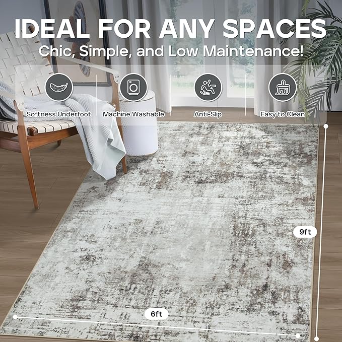 6x9 Area Rugs for Living Room Rug Washable: Modern Rug for Dining Room Bedroom Carpet Non Slip Low Pile 6 by 9 Indoor Abstract Nursery Home Office Brown Grey-CubbioJoy