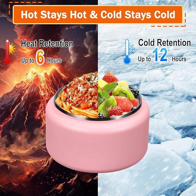 13.5oz Kids Thermos for Hot Food, Insulated Vacuum Food Jar with Buckle Lid, Stainless Steel Wide Mouth Leak Proof Insulated Lunch Container for School Picnic Travel,Pink-CubbioJoy