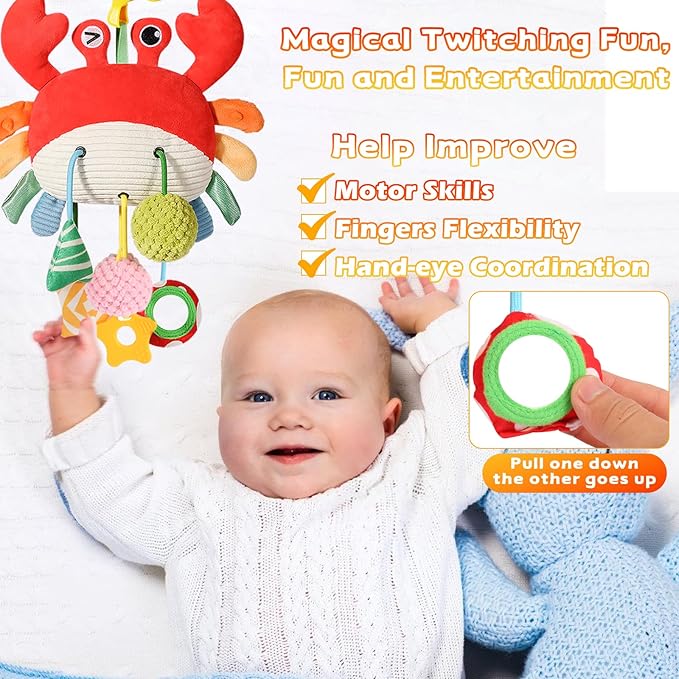Car Seat Toys for Babies 0–12 Months, Hanging Infant Plush Rattle Toy with Mirror & Crinkle Clip-On Activity Toy for Car Seat, Stroller, Crib & Play Gym Baby Gift for Boys & Girls-CubbioJoy