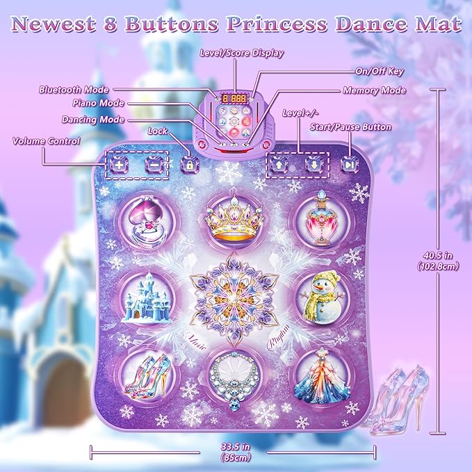 Dance Mat Toy for 3-12 Year Old Girls, Electronic Dance Pad with Wireless Bluetooth,Frozen 8-Button Music Princess Toys Play Mat for Kids with LED Light, Built-in Music, Toddlers Birthday Gift Ages 3+-CubbioJoy