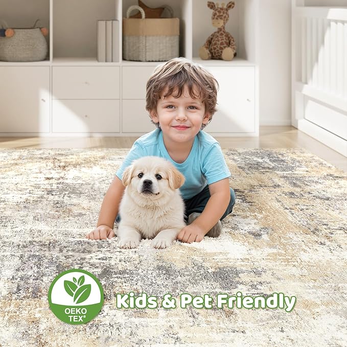 Area Rug Living Room Rugs: 5x7 Washable Large Abstract Modern Soft Stain Resistant Indoor Floor Non Slip Accent Carpet for Bedroom Nursery Playroom Dining Room Office Dorm Home House- Gray Gold-CubbioJoy