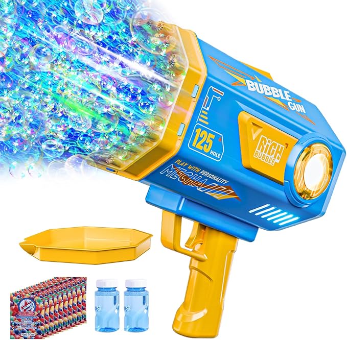 BOMOCO Bubble Gun,125 Holes Bubble Machine Bubbles for Kids Age 3-12,Bubble Blaster Gun with Bubble Solution Summer Outdoor Bubble Toys Birthday Wedding Halloween Party Favors Gifts Bubble Maker,Blue-CubbioJoy