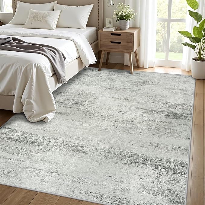 5x7 Area Rugs for Lliving Room Bedroom, Abstract Washable Rugs with Non-Slip Backing, Stain Resistant Thin Carpet for Dorm Dining Room Table Nursery Indoor Home Office-Gray-CubbioJoy