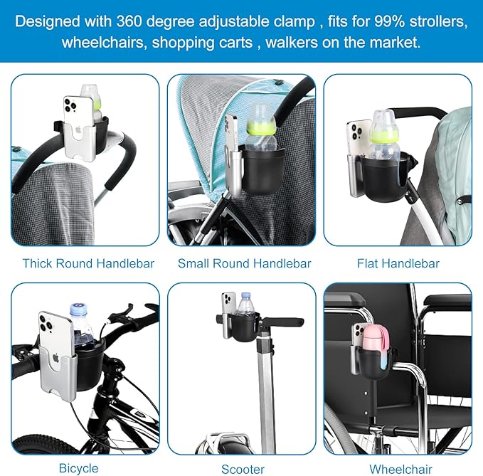 Accmor Stroller Cup Holder with Phone Holder, Bike Cup Holder, Universal Cup Holder for Uppababy Nuna Doona Strollers, 2-in-1 Cup Phone Holder for Stroller, Bike, Wheelchair, Walker, Scooter-CubbioJoy