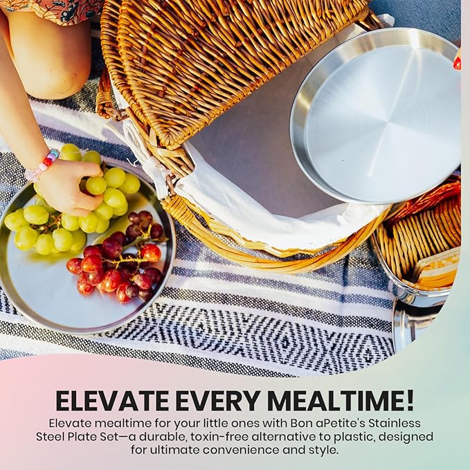 Children's 304 Stainless Steel Four (4) Piece Plate Set, 21 cm, Matte Finish, Plates for Kids, Toxin Free Stainless Steel Dinnerware Set, Non-Divided Plates, 100% BPA Free-CubbioJoy