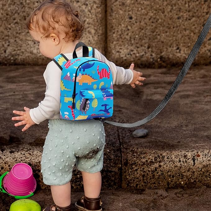 Accmor Toddler Backpack Leash with Anti Lost Wrist Link, Cute Mini Child Walking Harnesses Keep Kids Close Back Pack Rope Tether Rein for Baby Boys (Light Blue/Dino)-CubbioJoy