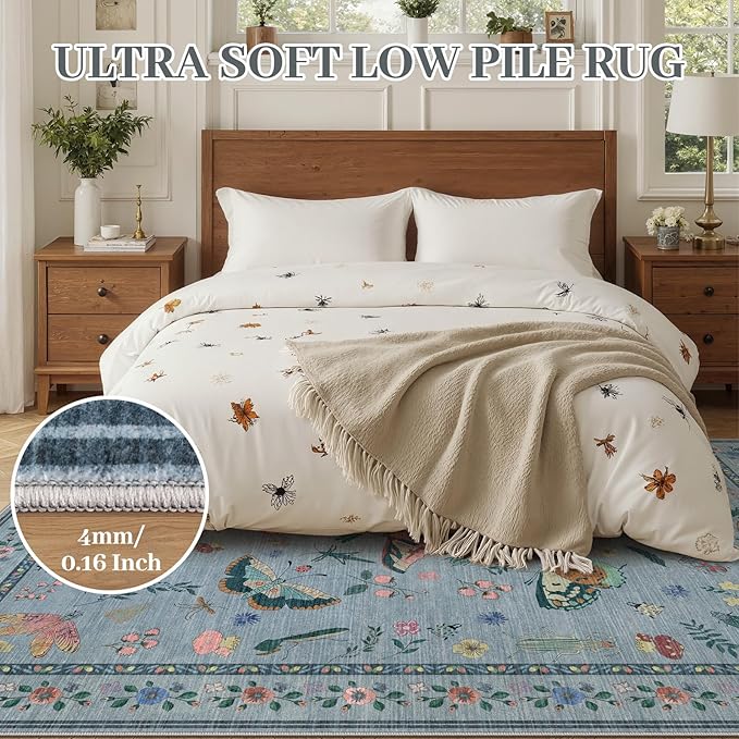 5x7 Washable Area Rug with Insect Print - Bug Rug Non-Shedding Stain Resistant Soft Carpet for Bedroom, Low Pile Ultra-Thin Machine Washable Carpet for Dining Room, Kids Nursery, Office (5'x7' Blue)-CubbioJoy