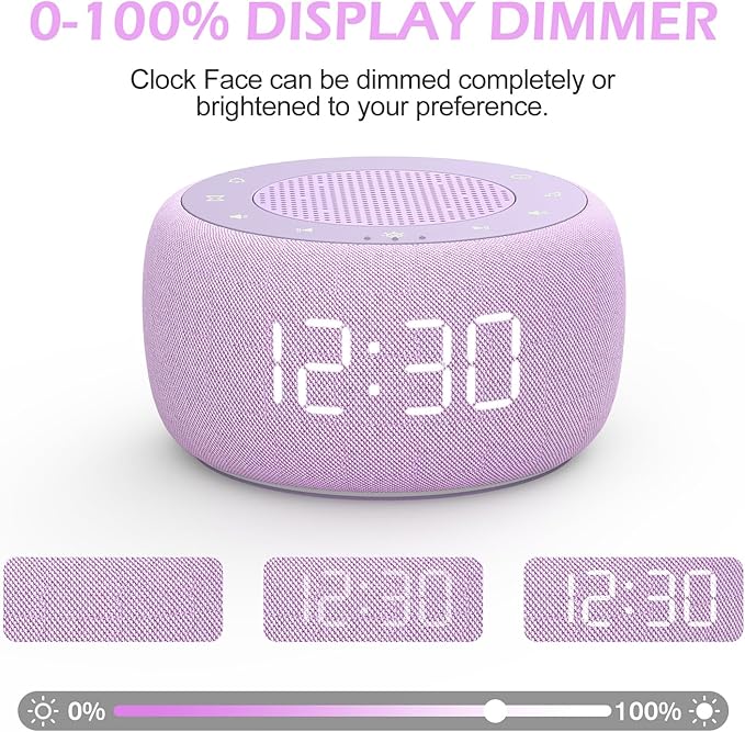 Buffbee Sound Machine & Alarm Clock 2-in-1, 0-100% Clock Face Brightness, Bottom Colored Light, Sleep Timer, Precise 30-Level Volume White Noise Machine, Digital Alarm Clocks for Bedrooms - Purple-CubbioJoy