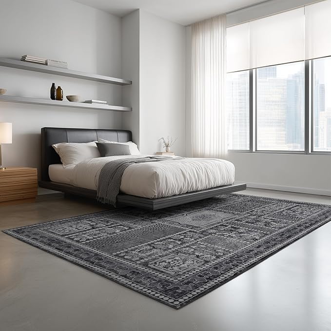 4x6 Washable Area Rug for Living Room, Carpet for Bedroom, Soft Faux Wool Retro Dining Room Rug, Non Slip&Non-Shedding Resistant Low Pile Vintage Print Rug for Home Office (Grey)-CubbioJoy