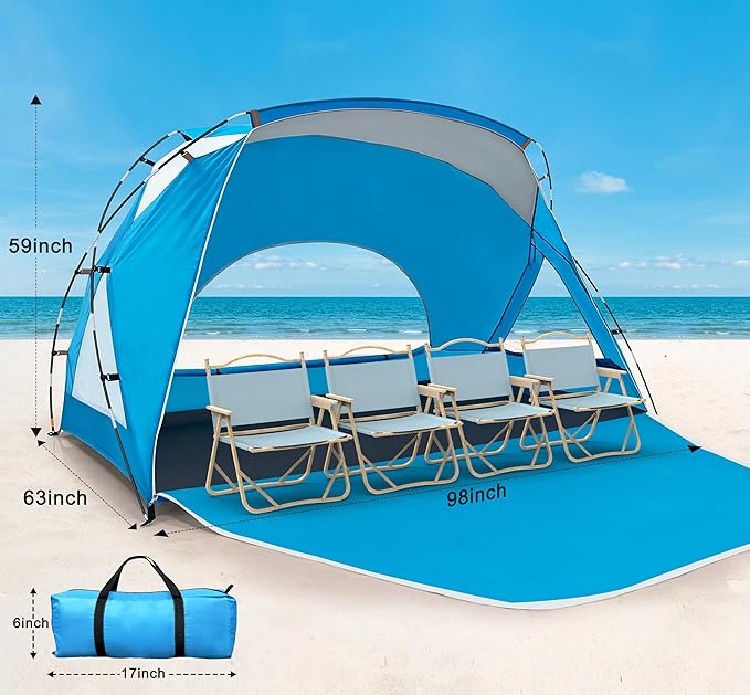 Beach Tent, Portable Sun Shelter for 2/3/4/6-8 Person with UPF 50+ UV Protection, Easy Setup Waterproof Beach Shade Canopy Cabana for Family Outdoor and Picnics, Fishing with Carrying Bag-CubbioJoy