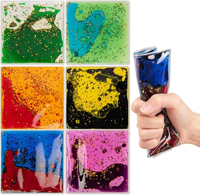 Art3d 6”x6” Square Sensory Fidget Liquid Motion Tiles for Kids, Toddler, Teens - Interactive Soft Gel Liquid Play Mats for Home, Schools, Playrooms, Multi-Pack of 6 Tiles-CubbioJoy