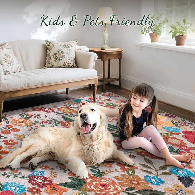 8x10 Area Rug for Living Room: Vintage Floral Washable Rug Soft Boho Non Slip Carpet Large Indoor Floor Non Shedding Low Pile Thin Carpets for Bedroom Dining Room Farmhouse Nursery Home Office Beige-CubbioJoy