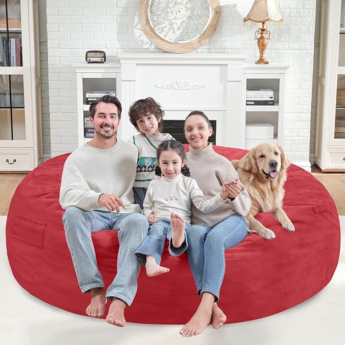 7FT Bean Bag Chair, Large Bean Bag Chairs with Memory Foam Filled, Fluffy Beanbag Sofa with Dutch Velvet Cover, Round BeanBag Chairs for Living Room, Playroom - Red-CubbioJoy
