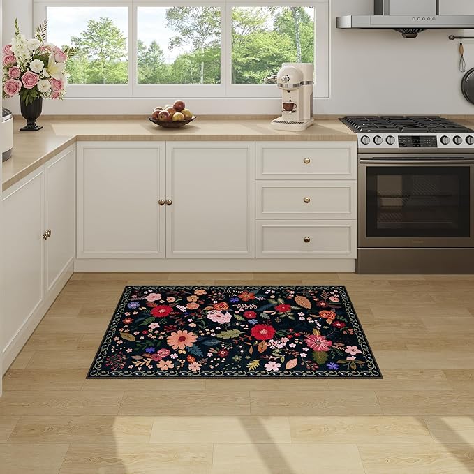 2x3 Washable Rug for Entryway, Floral Soft Small Area Rug, Non Slip Doormat Indoor Entrance Carpet, Flower Low Pile Front Door Throw Rug for Bedroom, Kitchen, Laundry, Bathroom, Black-CubbioJoy