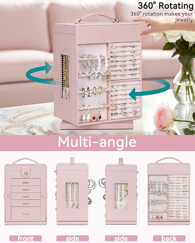 AKOZLIN 360° Rotating Jewelry Box 6-Tier Organizer Functional Jewelry Storage Case for Women Girls Ring Necklace Earring Bracelet Holder with Mirror Pink-CubbioJoy