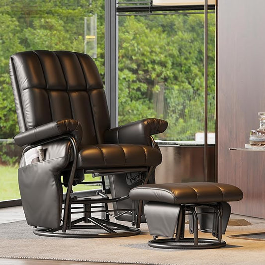 JIASTING 360° Swivel Recliner Chair with Ottoman & Double Side Pockets, Nursing Glider Rocking Recliner Chair, Gliding Chair for Nursery, Living Room, Office, Bedroom, Metal Frame (Black 1)-CubbioJoy