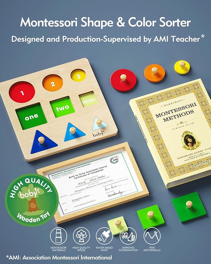 Boby Montessori Puzzles for Babies 12-18-24 Months, Wooden Jumbo Knob Peg Puzzle Shape sorter for Toddlers 1-3 Year Old, Early Learning Sensorial Toys (Shapes & Size Sorting Puzzle)-CubbioJoy