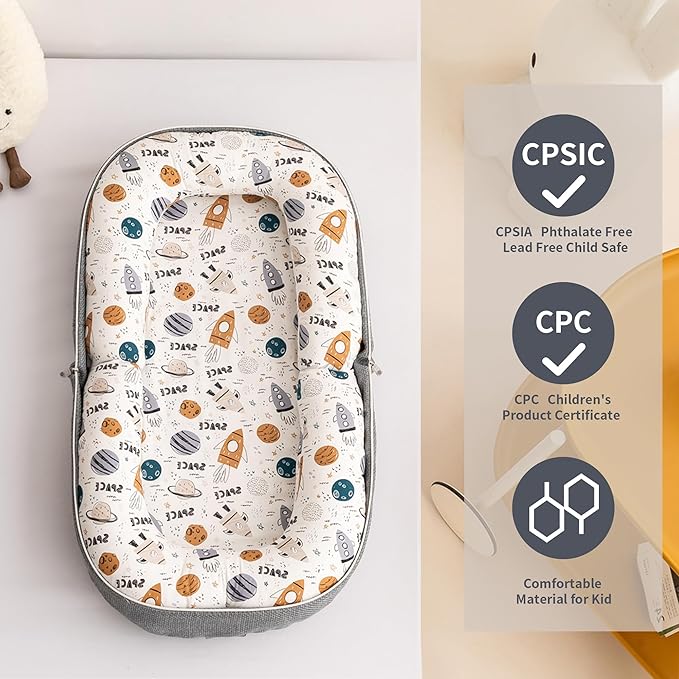 Baby Lounger, Foldable Infant Nest with Soft Memory Foam Mat, Cover with Adorable Pattern, Converts to Backpack for Easy Travel, 0-12 Months, Rocket-CubbioJoy