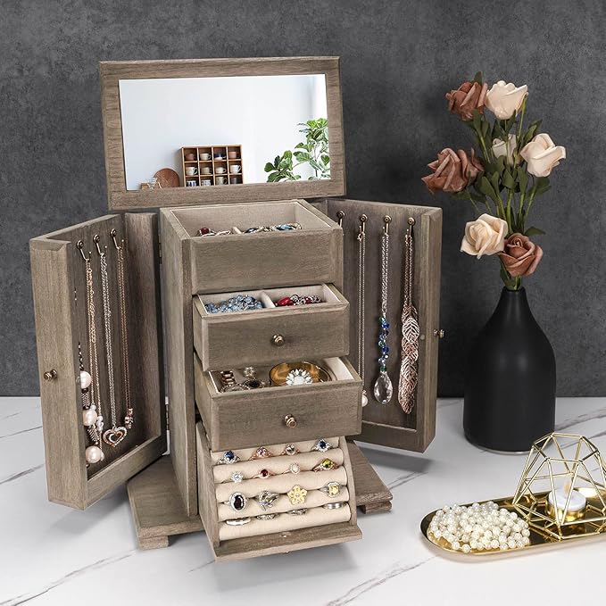 Jewelry Box for Women, Rustic Wooden Jewelry Boxes & Organizers with Mirror, 4 Layer Jewelry Organizer Box Display for Rings Earrings Necklaces Bracelets (Weathered Gray)-CubbioJoy