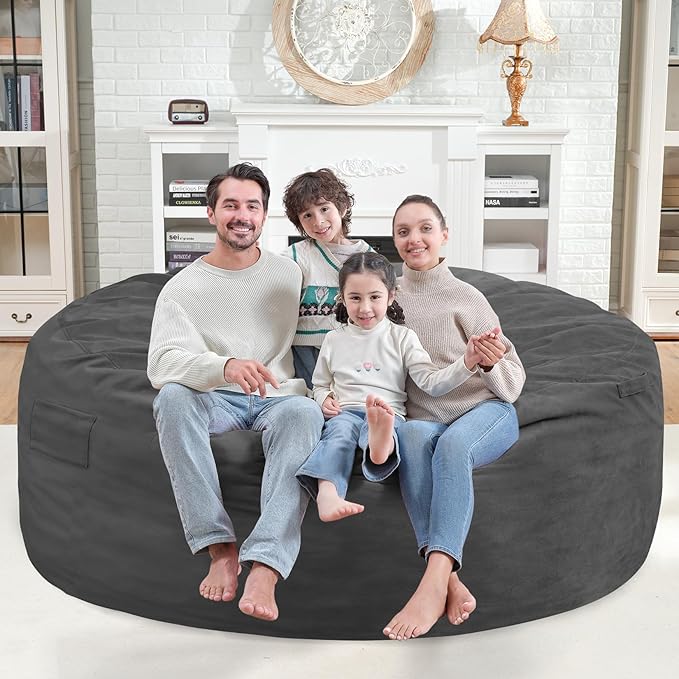 6FT Bean Bag Chair, Large Bean Bag Chairs with Memory Foam Filled, Fluffy Beanbag Sofa with Dutch Velvet Cover, Round BeanBag Chairs for Living Room, Playroom - Grey-CubbioJoy