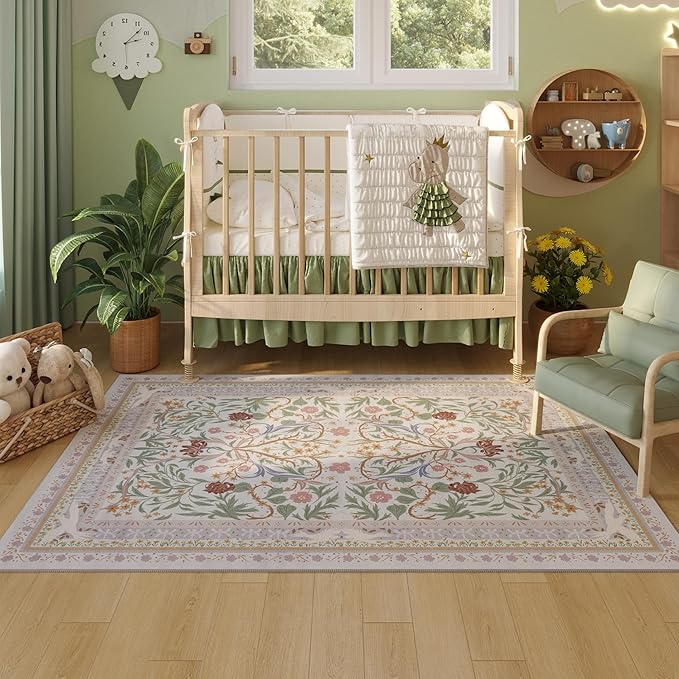 Bedroom Rug 3x5 Rug Washable Area Rug Non Slip Low Pile Vintage Floral Botanical Small Carpet for Bedroom, Bedside, Kitchen, Entryway, Kids Room, Office, Beige-CubbioJoy