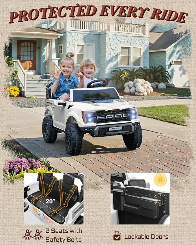 24V Kids Ride On Truck, Licensed Ford F-150 Raptor 2 Seater Electric Car w/Remote Control, Toddler Ride On Car Toys w/LED Lights, Bluetooth, Music, Truck Bed Storage, Soft Start (White)-CubbioJoy
