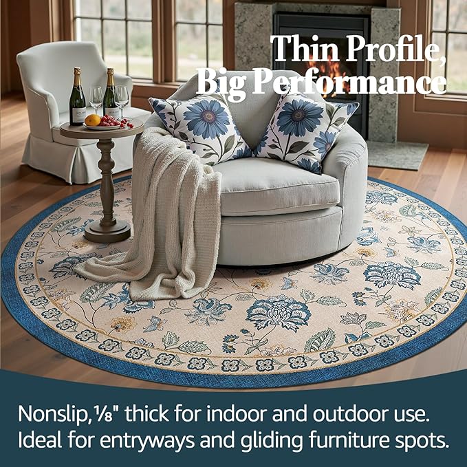 jinchan 6ft Floral Round Rug for Dining Room Washable Living Room Rug Vintage Romance Design Non Slip Indoor Floor Cover Lightweight Low-Profile Throw Carpet for Bedroom Porch Patio, Blue/Beige-CubbioJoy