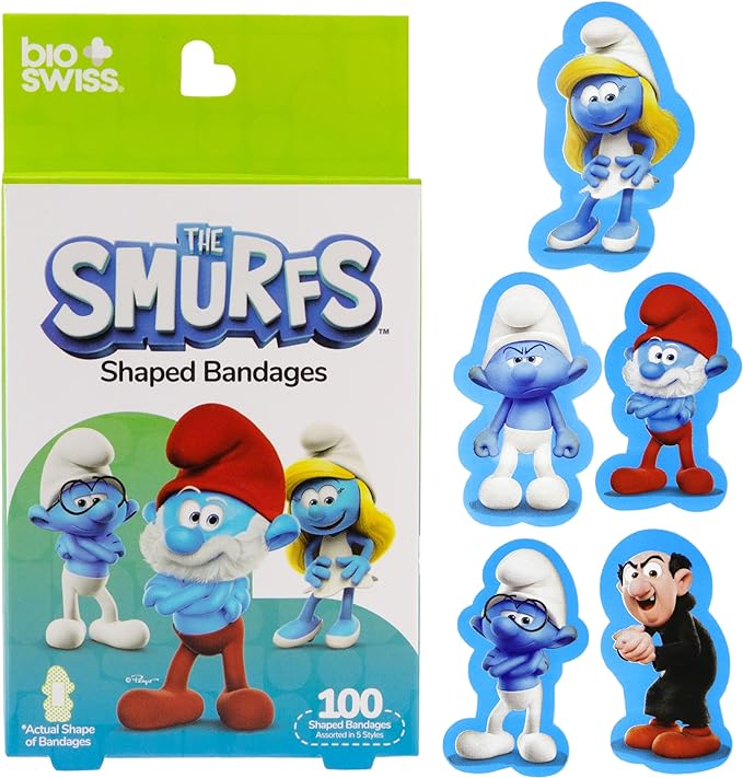 BioSwiss Bandages, The Smurfs Shaped Self Adhesive Bandage, Latex Free Sterile Wound Care, Fun First Aid Kit Supplies for Kids and Adults, 100 Count Box-CubbioJoy