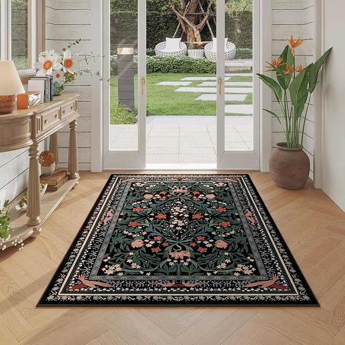 Bedroom Rug 3x5 Rug Washable Area Rug Non Slip Low Pile Vintage Floral Botanical Small Carpet for Bedroom, Bedside, Kitchen, Entryway, Kids Room, Office, Black-CubbioJoy