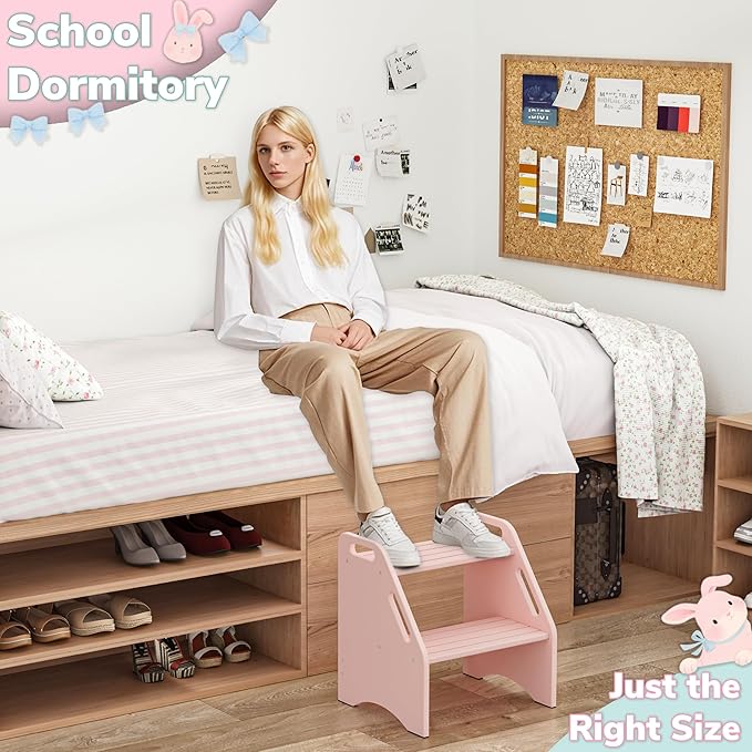 AMBIRD Wooden Kids Step Stool, 15.75'' H Potty Training Toddler 300 lbs Capacity with Safety Non-Slip Pads and Handles, Kitchen Step Stools for Kids, Bamboo Step Stool for Bathroom, High Beds (Pink)-CubbioJoy