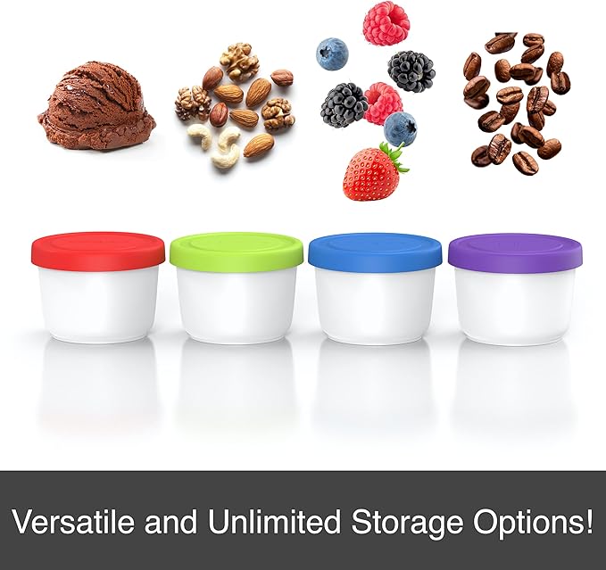 BALCI - 8oz Mini Ice Cream Containers with Silicone Lids (Set of 4) - Freezer Food Storage Containers, Reusable, LeakProof, For Homemade IceCream Containers - Blue, Red, Green, Purple-CubbioJoy