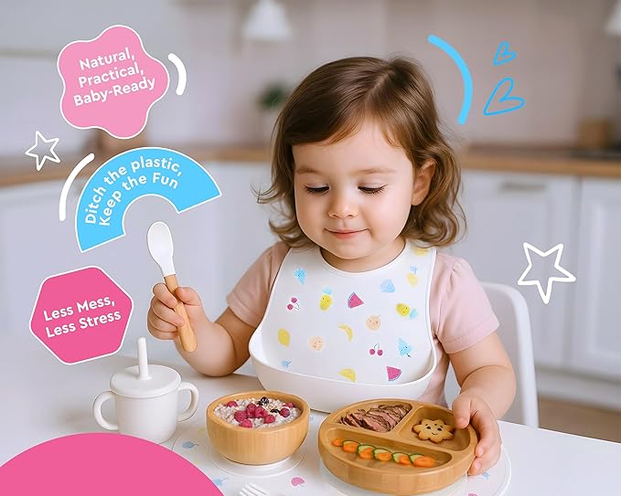 Bamboo Baby Feeding Set for Infants & Toddlers - Baby Essentials, Non-Toxic, Sustainable, Bamboo Suction Plate & Bowl, Bib, Sippy Cup w/Lid & Straw, Daily Use, Travel, Baby Shower Gifts (Vanilla)-CubbioJoy