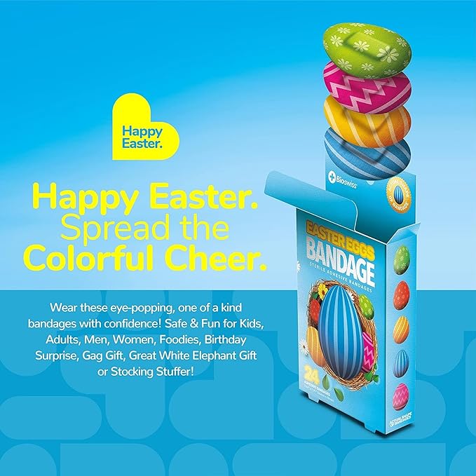 BioSwiss Bandages, Easter Egg Shaped Self Adhesive Bandage, Latex Free Sterile Wound Care, Fun First Aid Kit Supplies for Kids, 24 Count-CubbioJoy