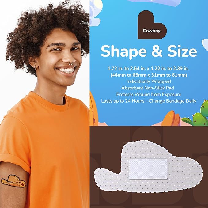 BioSwiss Bandages, Cowboy Shaped Self Adhesive Bandage, Latex Free Wound Care, Fun First Aid Kit Supplies for Kids and Adults, 24 Count-CubbioJoy