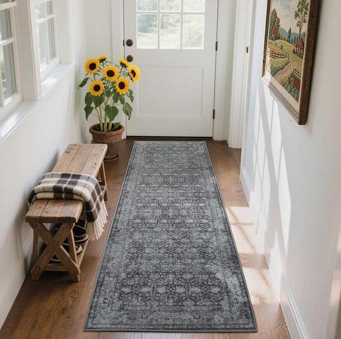 2'6"x8' Washable Runner Rug for Hallway, Non Slip Vintage Floral Long Carpet Runners for Entryway, Kitchen, Bathroom, Bedroom, Low Pile Laundry Rugs with Rubber Backing (Distressed Grey)-CubbioJoy