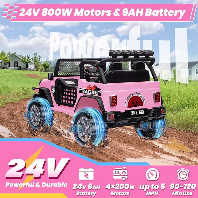 24V 4WD Ride on Truck Car w/800W Motors, Gift Flower, Remote Control, 2 Seaters, Light Bar, 3 Speeds, Pop Music, Power Four Wheels, 25 Volt Ride on Toy Car for Big Kids, Pink-CubbioJoy