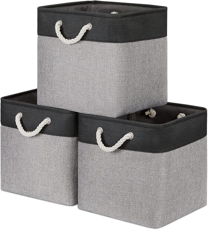 Bidtakay Fabric Cube Storage Bins for Organizing 13x13 Large Storage Baskets Decorative Storage Bins for Home Storage Set of 3 Shelf Organizer Bins for Toy Storage (Black&grey)-CubbioJoy