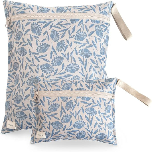 mushie Water Resistant Wet Bags | Large & Small Reusable Storage Bag for Baby Items and Travel | Zippered Pockets with Handle | Machine Washable, Set of 2 (Blue Flowers)-CubbioJoy