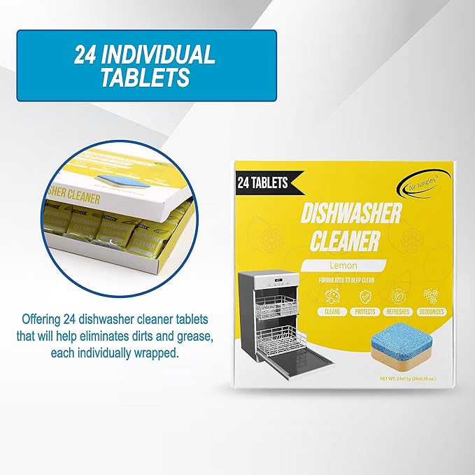Air Jungles Dishwasher Cleaner Tablets 24 Count, Lemon Scent, Deep Cleaning Descaler, Formulated To Clean Dishwasher Machine, Remove Odor, Hard Water, Calcium, Bad Smell, 12 Month Supply-CubbioJoy
