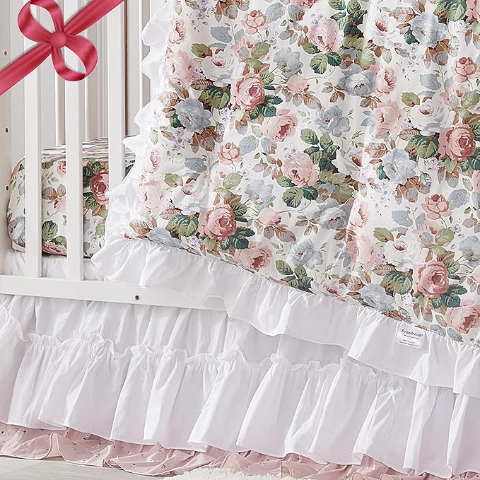 Brandream French Country Garden Floral Crib Bedding Sets for Girls Baby Nursery Bedding Set 3 Piece Ruffled Baby Quilt, Crib Sheet, Crib Skirt - White Blush Pink Green-CubbioJoy